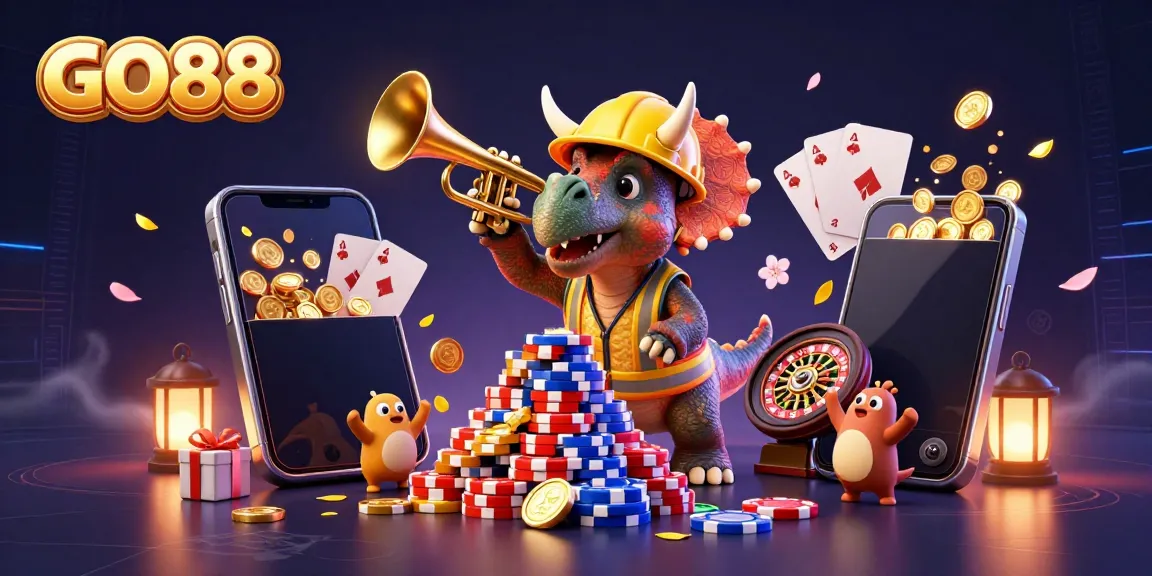 GO88 visualizes excitement in a vibrant 3D casino scene with joyful dino characters and gaming elements