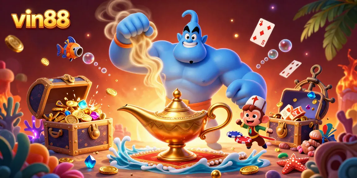 Win big with vin88 in a vibrant casino adventure featuring a genie, monkey, and flying poker chips.