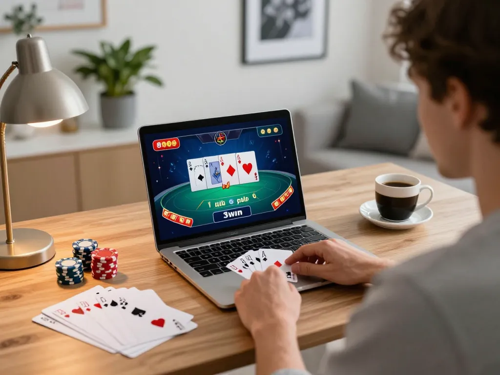 Play thrilling poker online at 3win with dynamic gameplay on a laptop and engaging strategy notes.