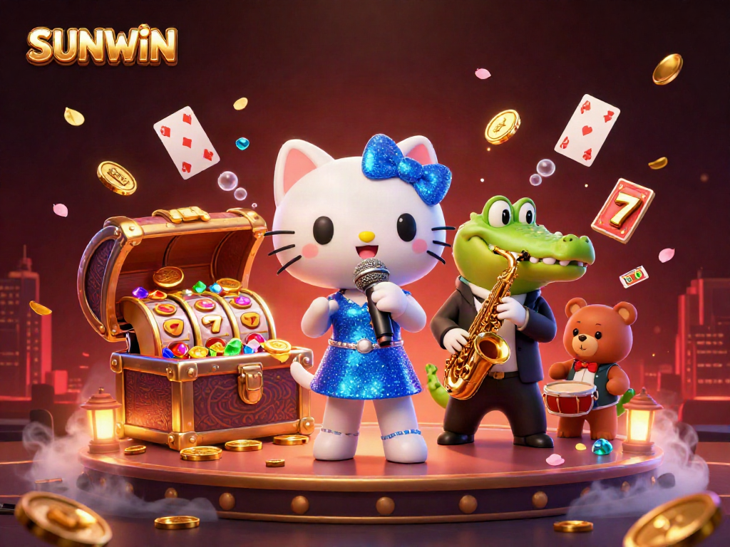 Experience thrilling casino action with SUNWIN in this vibrant 3D illustration featuring lively characters.
