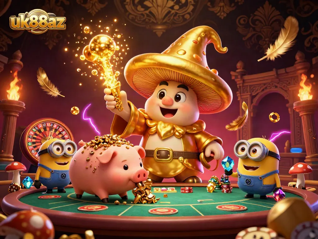 Transform your gaming experience with uk88az's dynamic 3D casino illustration featuring engaging gambling elements.