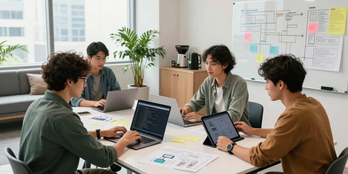 Team collaborating to build internal tools with AI in a modern office environment.