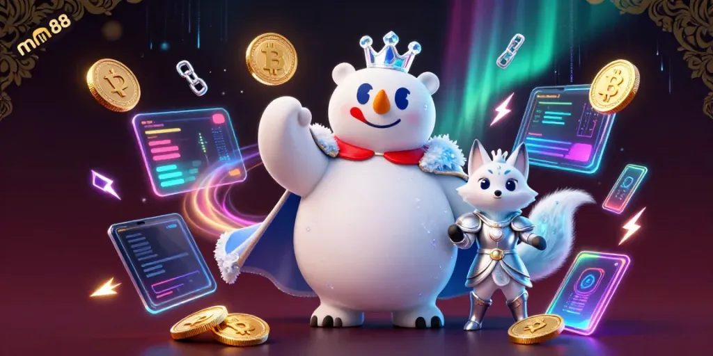 Engage with mm88's advanced gaming features, showcasing a vibrant 3D scene with icy royal characters and crypto elements.