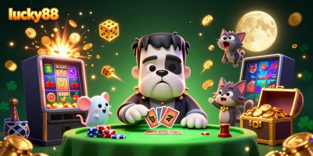 Experience thrilling gameplay at lucky88 with a lively casino scene featuring vibrant characters.