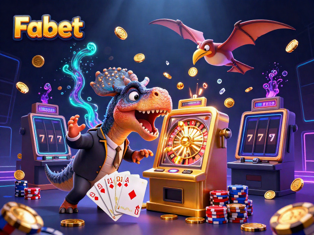 Engage in jackpot winning at Fabet with dynamic cartoon dinosaurs celebrating a casino payout scene.