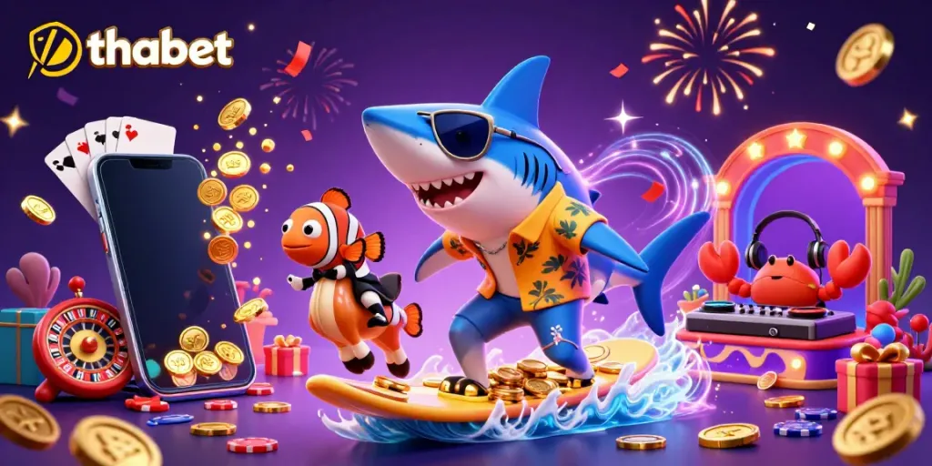Experience thrilling wins with thabet as a shark surfs a wave of gold coins amidst vibrant slot games.