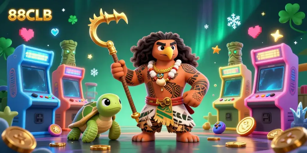 Experience the thrilling 88CLB gaming adventure with a vibrant 3D casino scene featuring engaging characters and glowing elements.