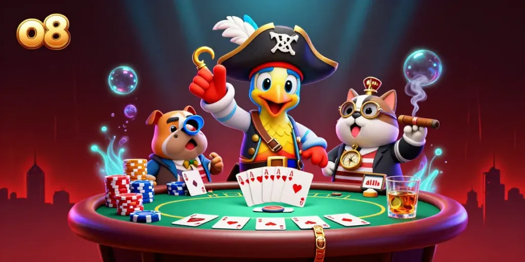 Experience the excitement of o8 with a vibrant pirate-themed casino scene filled with chip stacks and playing cards.