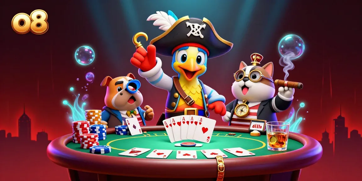 Experience the excitement of o8 with a vibrant pirate-themed casino scene filled with chip stacks and playing cards.