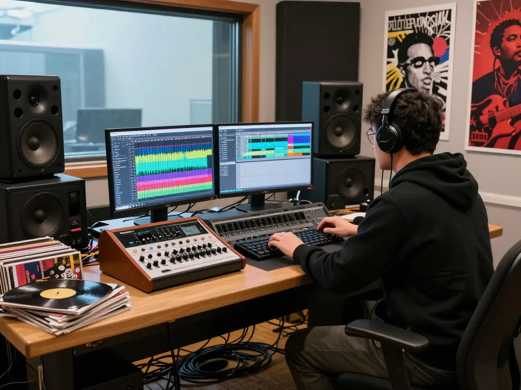 Engineer using DA88 in a vibrant recording studio filled with audio gear.