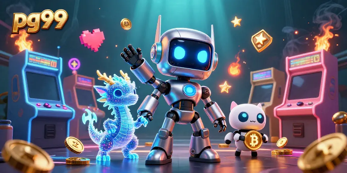 Experience thrilling gaming action at pg99 with cyberpunk mascots, 3D arcade games, and glowing casino elements.