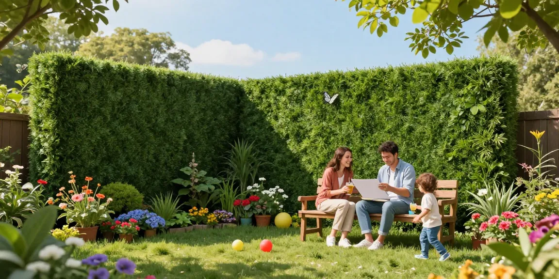 Mooie buiten tuin met een weelderige kunsthaag, kleurrijke bloemen en een blije familie die geniet van een zonnige dag.