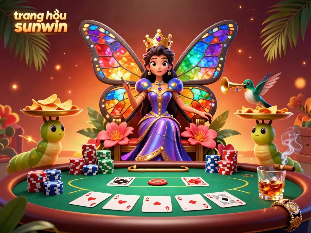 Experience excitement at trang chủ sunwin with a vibrant illustration of a butterfly queen and poker elements.