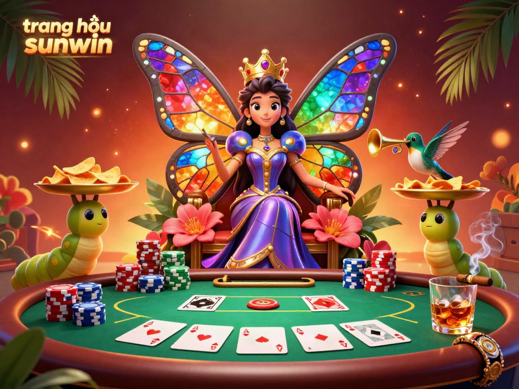 Experience excitement at trang chủ sunwin with a vibrant illustration of a butterfly queen and poker elements.