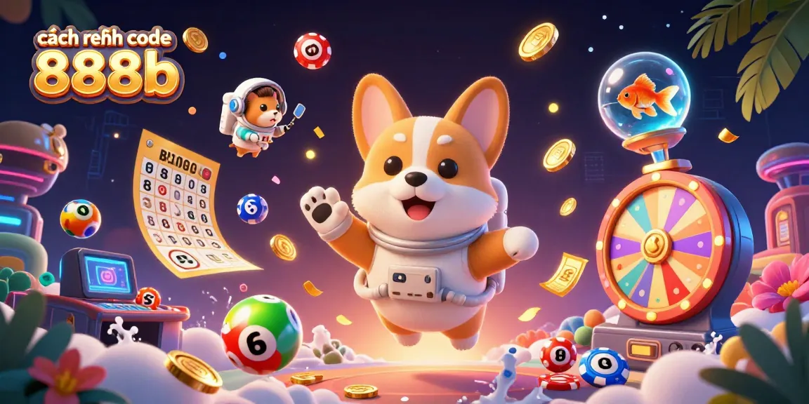 Explore cách nhận code 888b com through a vibrant space casino scene featuring a cartoon corgi, hamster, and goldfish.