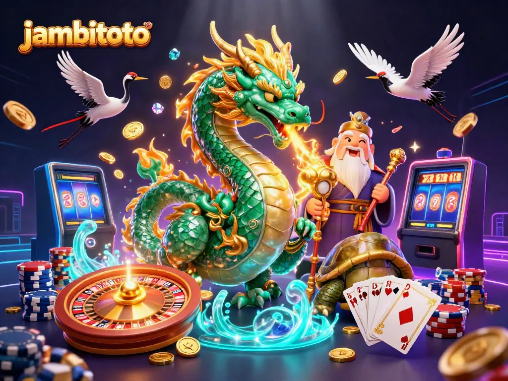 Experience the thrilling essence of jambitoto with a vibrant fantasy scene featuring a jade dragon, turtles, and more.