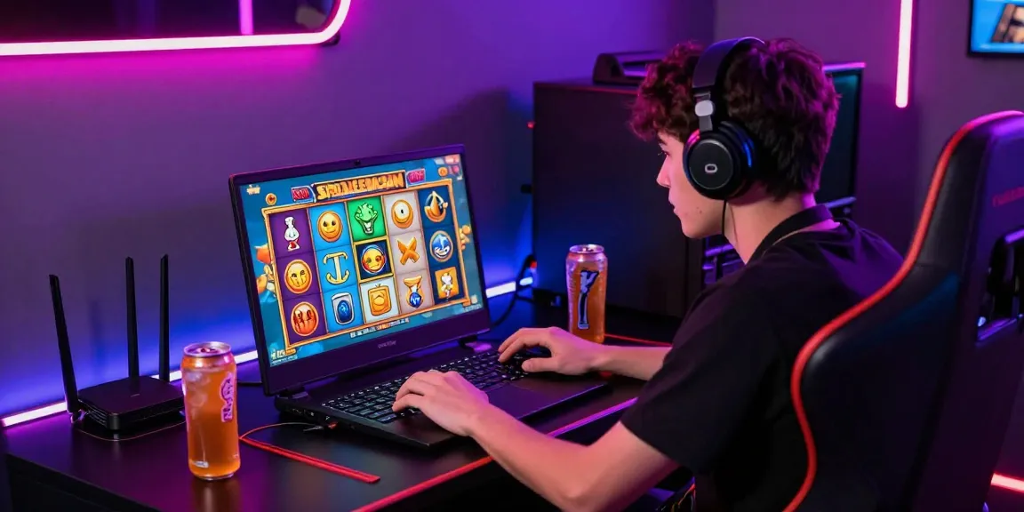 Pengguna bermain slot Spaceman dengan penuh konsentrasi di laptop, dikelilingi oleh elemen permainan modern.