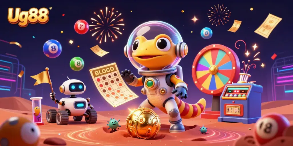 Engage in thrilling winning moments at Ug88's vibrant casino landscape illustration.