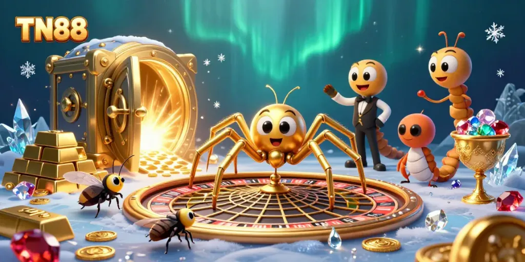 Place bets with TN88 in a vibrant 3D casino scene showcasing a golden roulette wheel web.