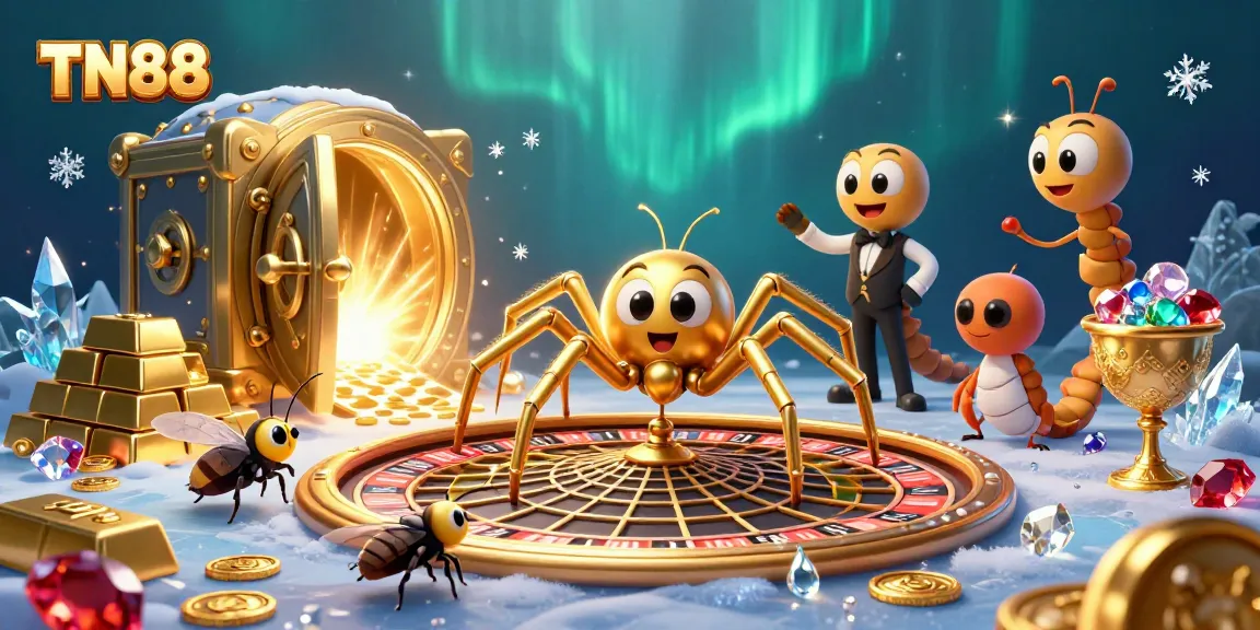 Place bets with TN88 in a vibrant 3D casino scene showcasing a golden roulette wheel web.