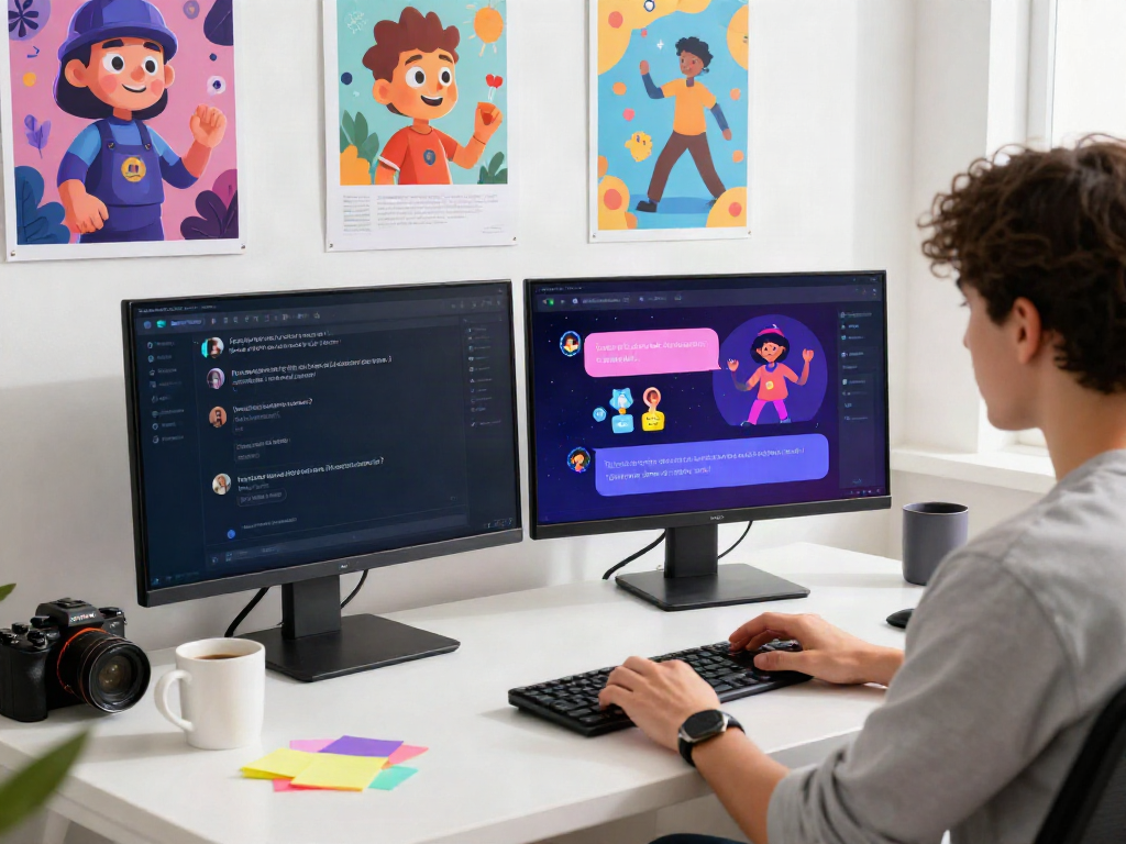 User interacting with juicy ai chatbot in a vibrant workspace with animated characters on screens.