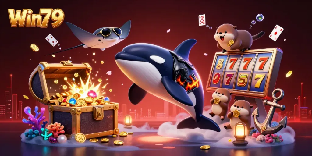 Win79 players enjoy exciting slot games with animated characters amidst underwater treasures.