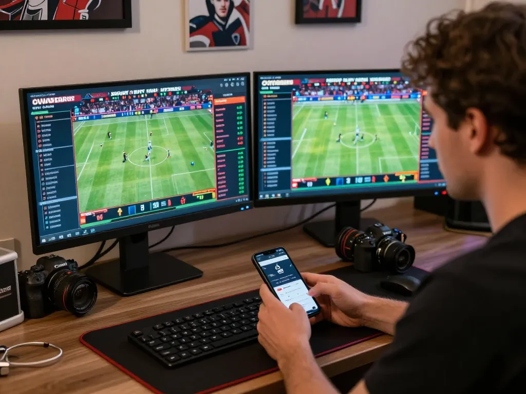 Betting on TR88 sports events from a modern desk setup, showcasing odds and anticipation.