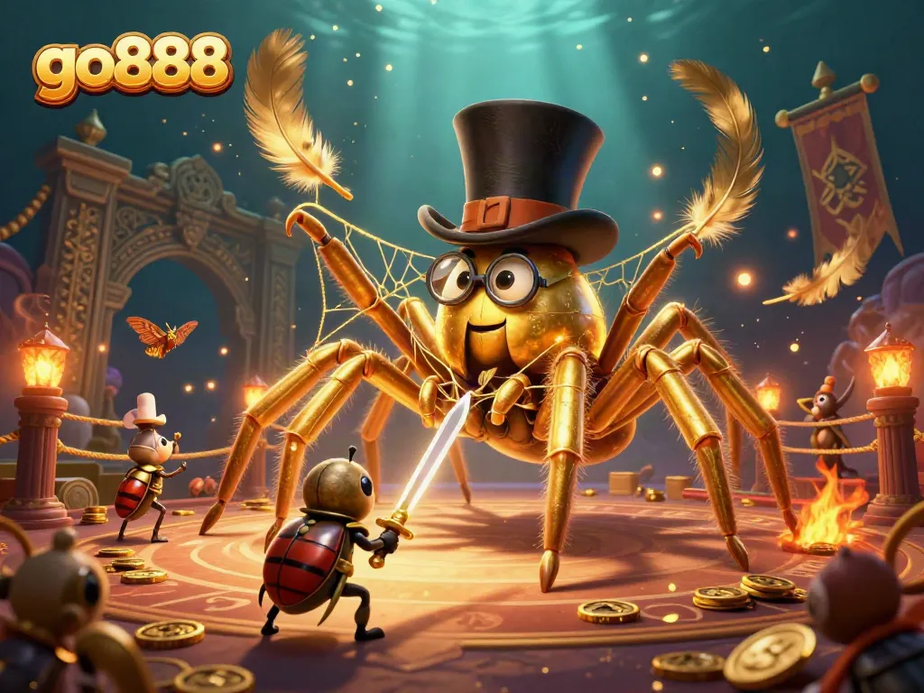 Experience exciting betting action with go888 featuring a giant tarantula and brave beetle knight in a vibrant casino scene.