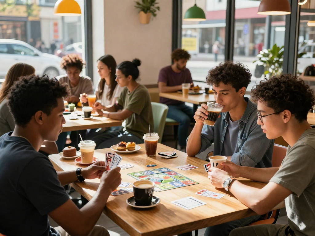 Friends enjoying rokok88 super in a lively urban café with vibrant energy.