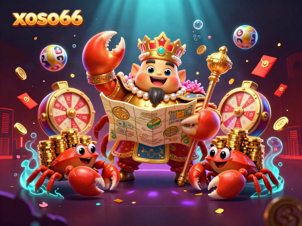 Engage in thrilling lottery action with xoso66, featuring golden crab emperor and vibrant game elements.