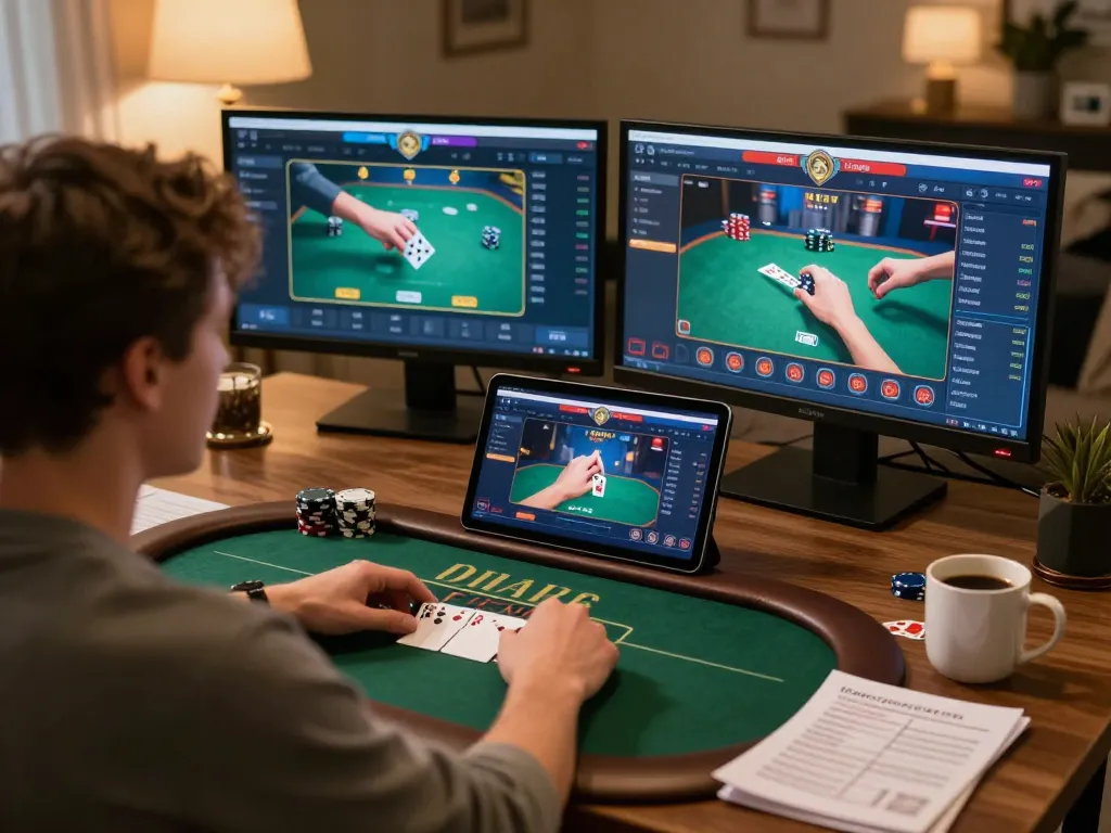 Engaged user playing poker on hitclub-79 app, showcasing an inviting home gaming atmosphere.