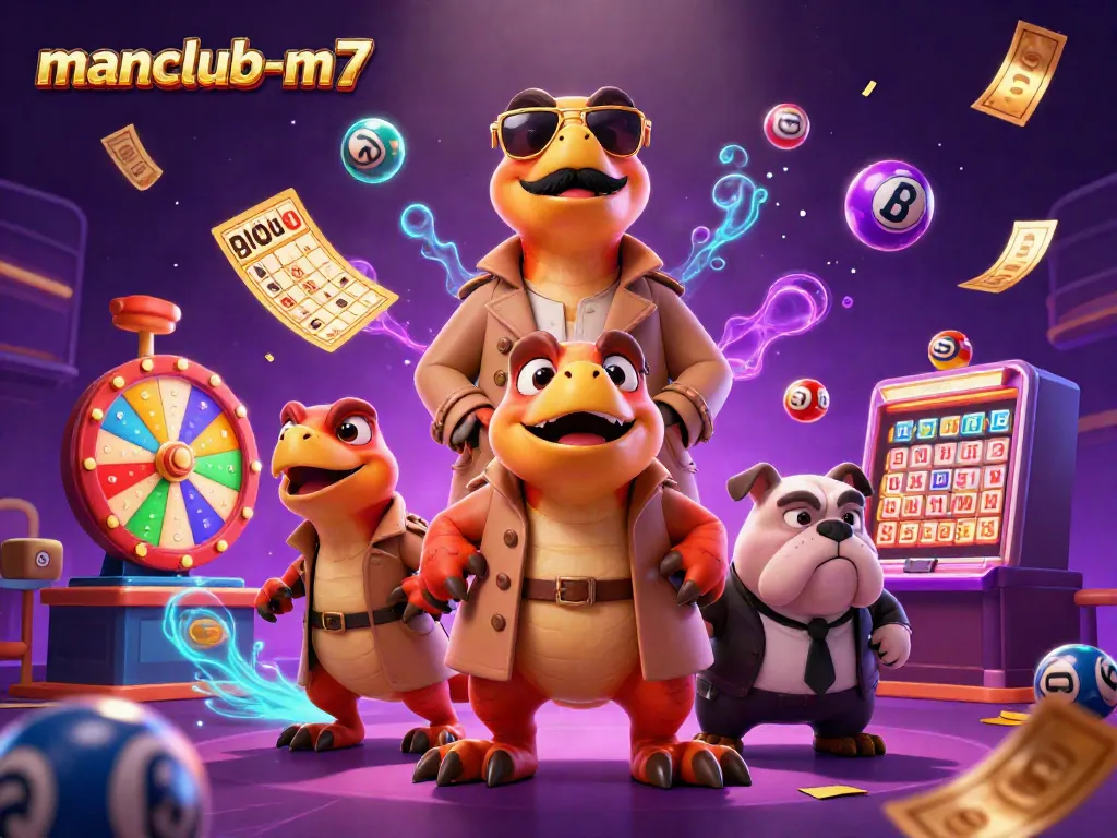 Engage in casino fun with manclub-m7 as raptors sneak into a VIP lounge, surrounded by lottery excitement.