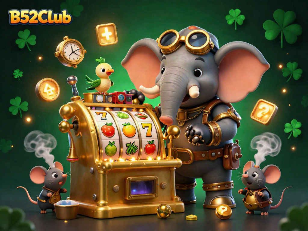 Experience thrilling action at B52CLub with a vibrant steampunk elephant at the golden slot machine.
