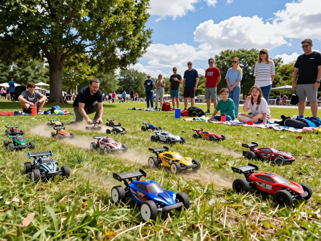Exciting rokok88 remote control race event in a park with diverse hobbyists enjoying their RC vehicles.