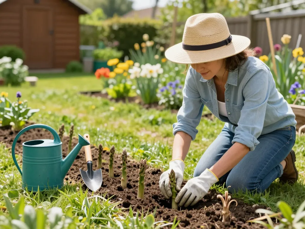 Gardener planting asparagus crowns in a sunny garden, showcasing the joy of asperges kweken in vibrant surroundings.