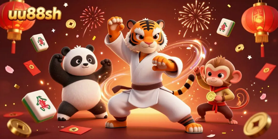 Experience exciting gaming at uu88sh with a dynamic scene featuring a kung fu tiger master and colorful casino elements.