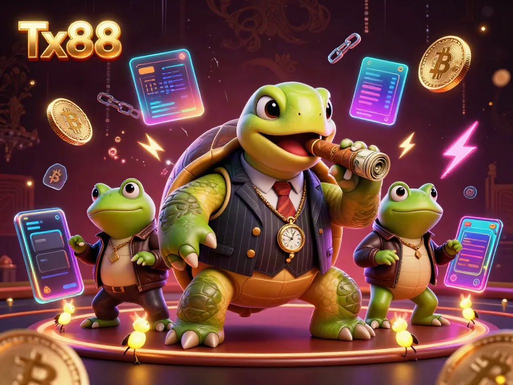 Exciting Tx88 gambling scene with a turtle and bullfrog characters, showcasing a rich casino atmosphere.