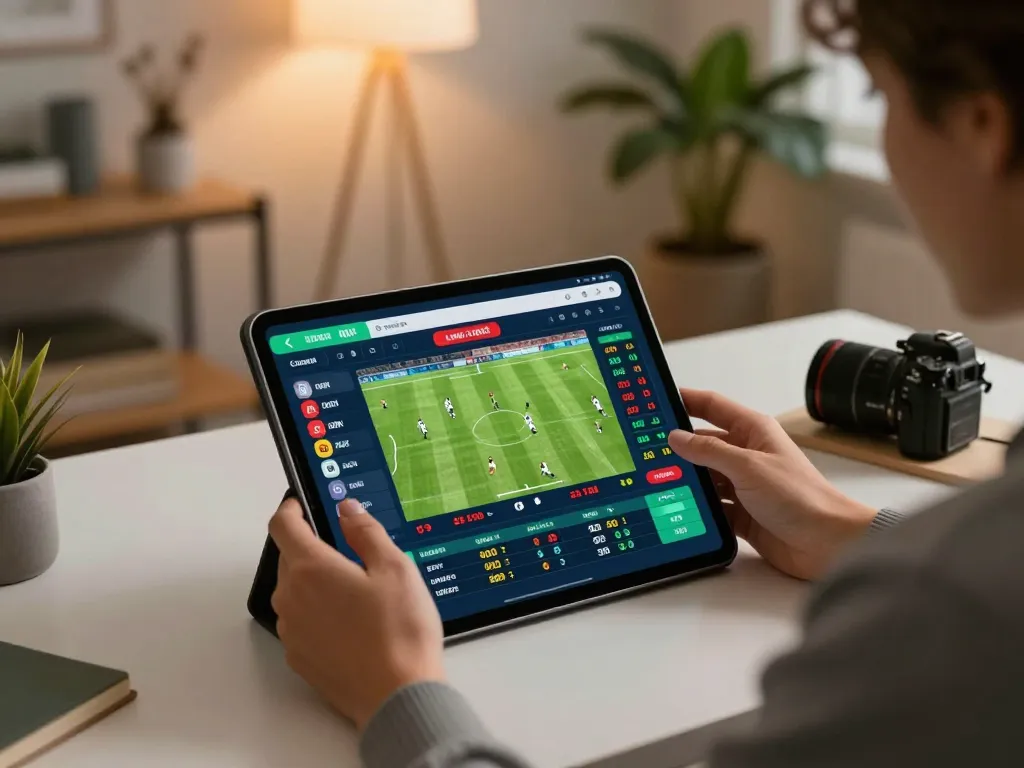 Person engaging in real-time sports betting on trang chủ MM88 app in a stylish home office.
