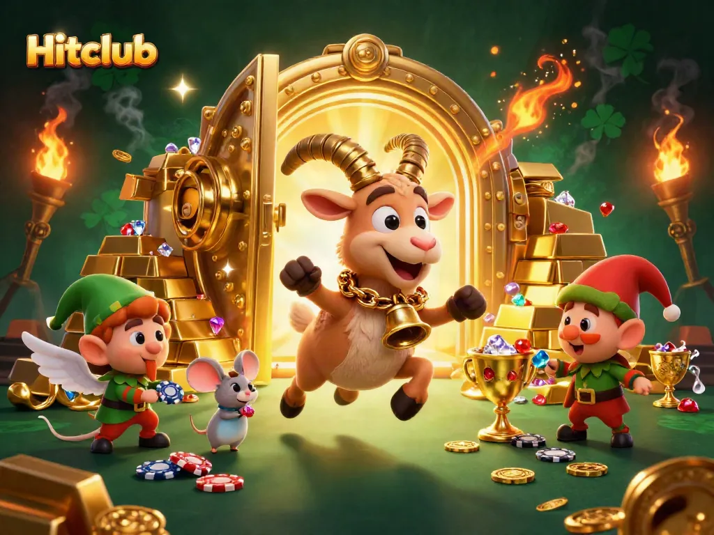 Experience the excitement of Hitclub with a vibrant casino scene showcasing festive characters and overflowing treasures.