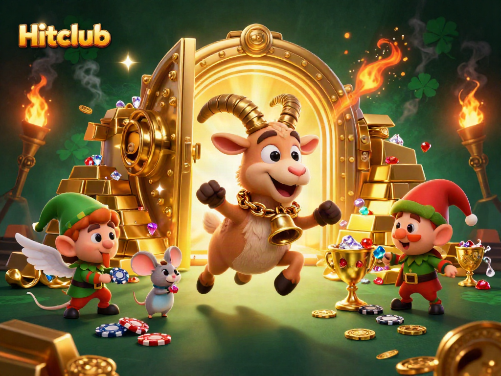 Experience the excitement of Hitclub with a vibrant casino scene showcasing festive characters and overflowing treasures.