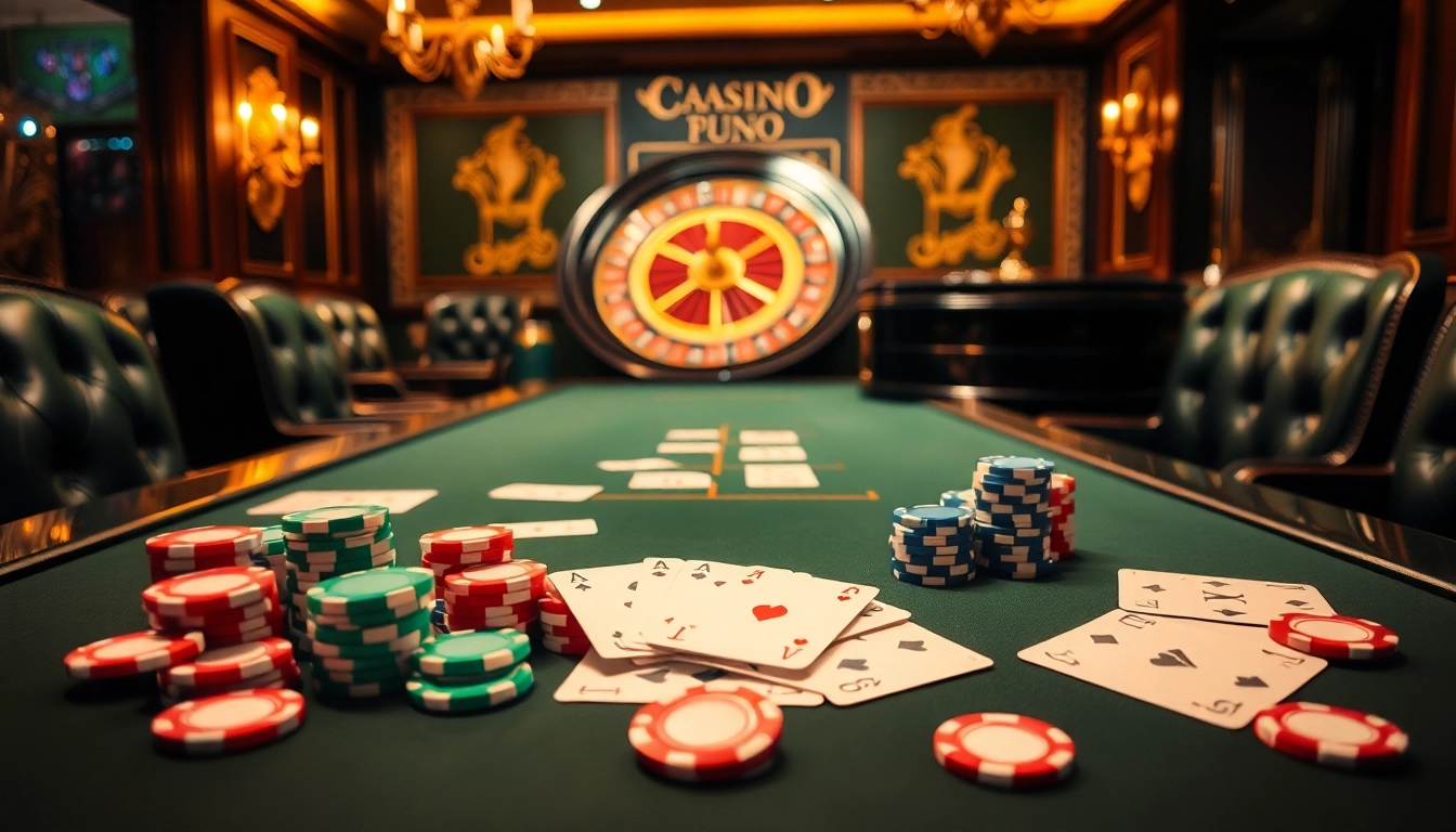 A casino poker table showcasing 7mcn-themed chips and cards, exuding luxury and excitement.