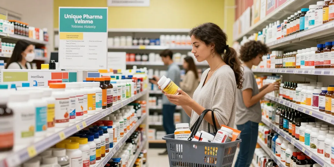 Gezonde winkelervaring in Unique Pharma Shop met klanten die voedingssupplementen en vitamines verkennen