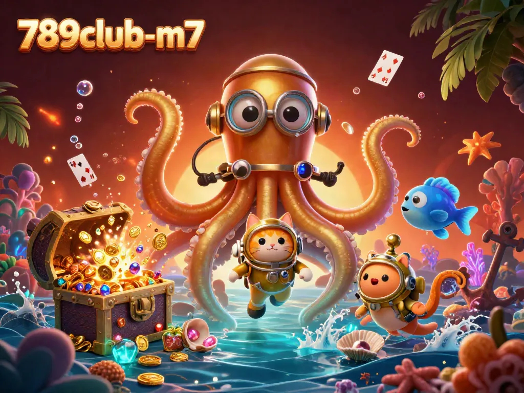 Engage in thrilling underwater adventures at 789club-m7 with a colorful kraken, treasure, and vibrant sea life.