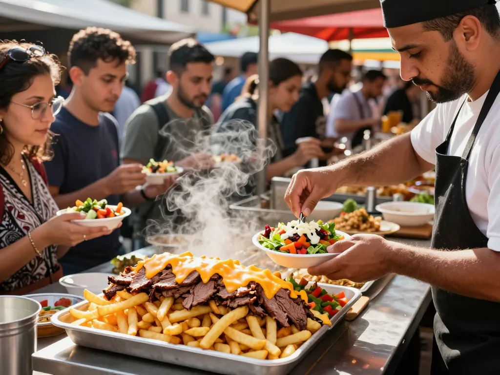 Kapsalon wordt samengesteld op een levendige streetfoodmarkt met frieten, döner vlees en garneringen.