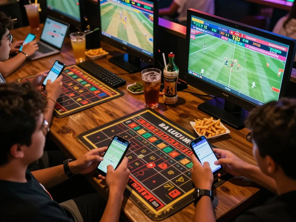 Engaged bettors analyzing kèo nhà cái in a lively sports bar with multiple screens.