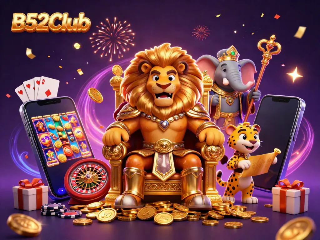 Engage in thrilling gameplay at B52Club with dynamic casino elements in a vibrant, festive scene.