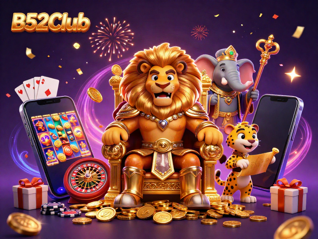 Engage in thrilling gameplay at B52Club with dynamic casino elements in a vibrant, festive scene.