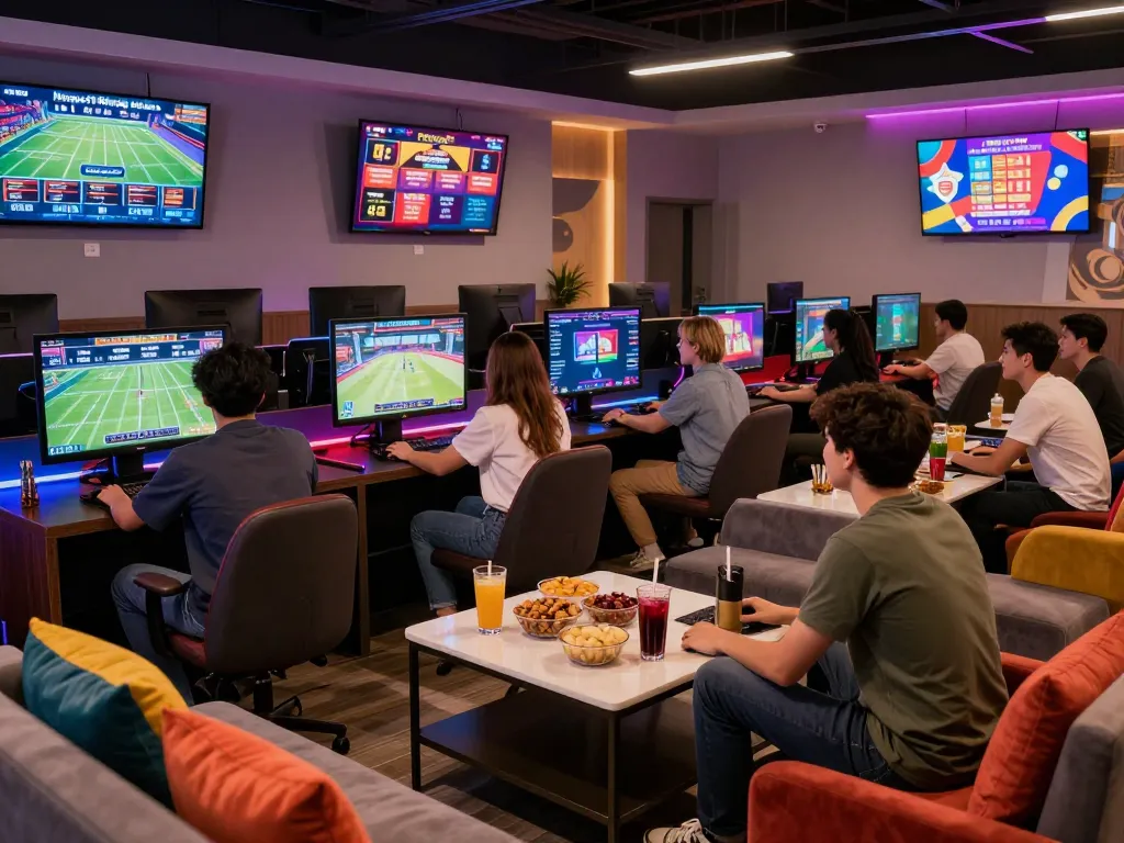 Group enjoying gaming experiences at https://79kingg.us/ in a modern lounge with vibrant atmosphere.