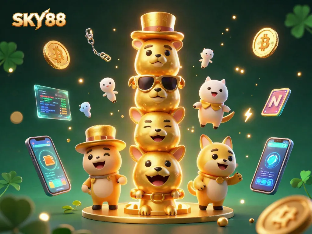Experience the vibrant casino excitement with SKY88’s animated totem and crypto elements.