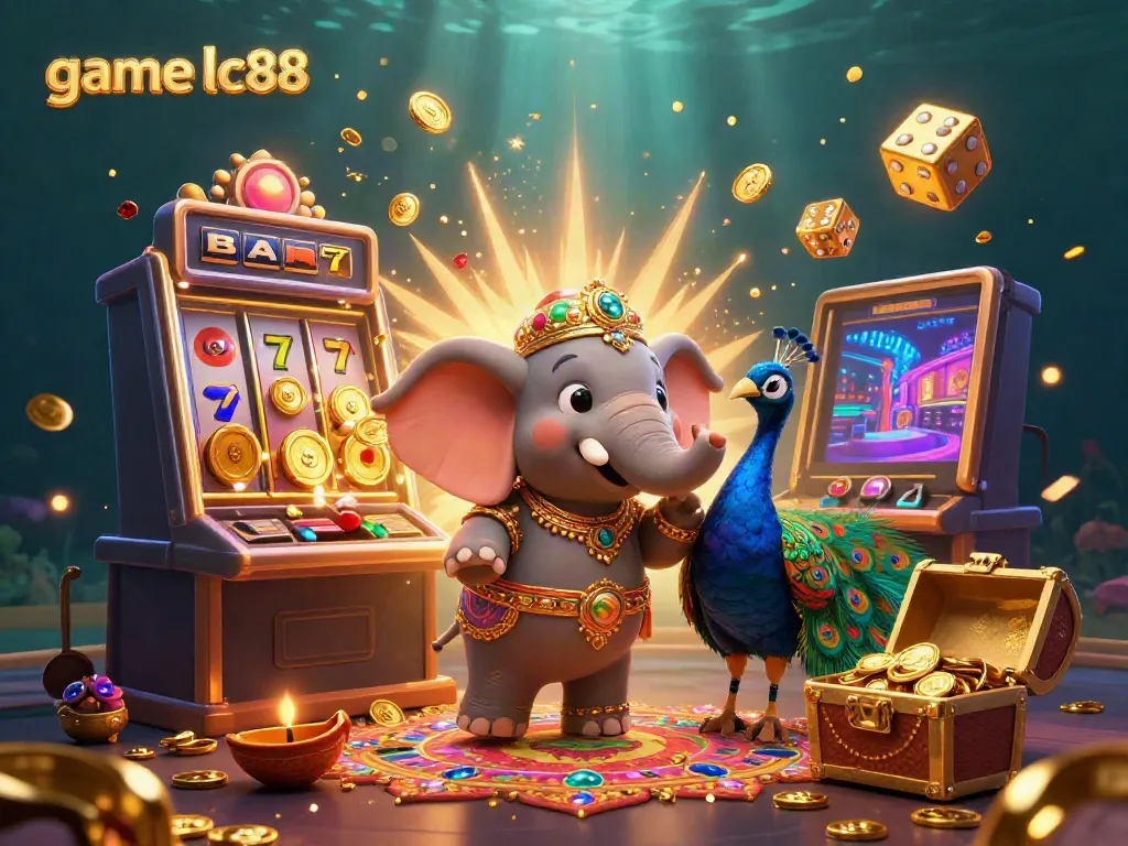 Experience the thrill of game lc88 with an exciting scene featuring a colorful cartoon elephant, jackpot elements, and vibrant casino game effects.